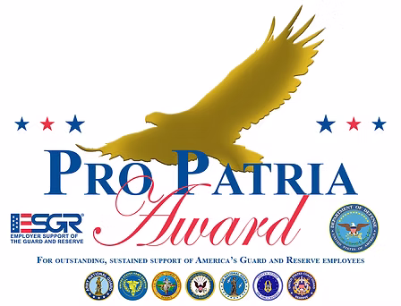 Pro Patria Award logo with a golden eagle and military insignias.