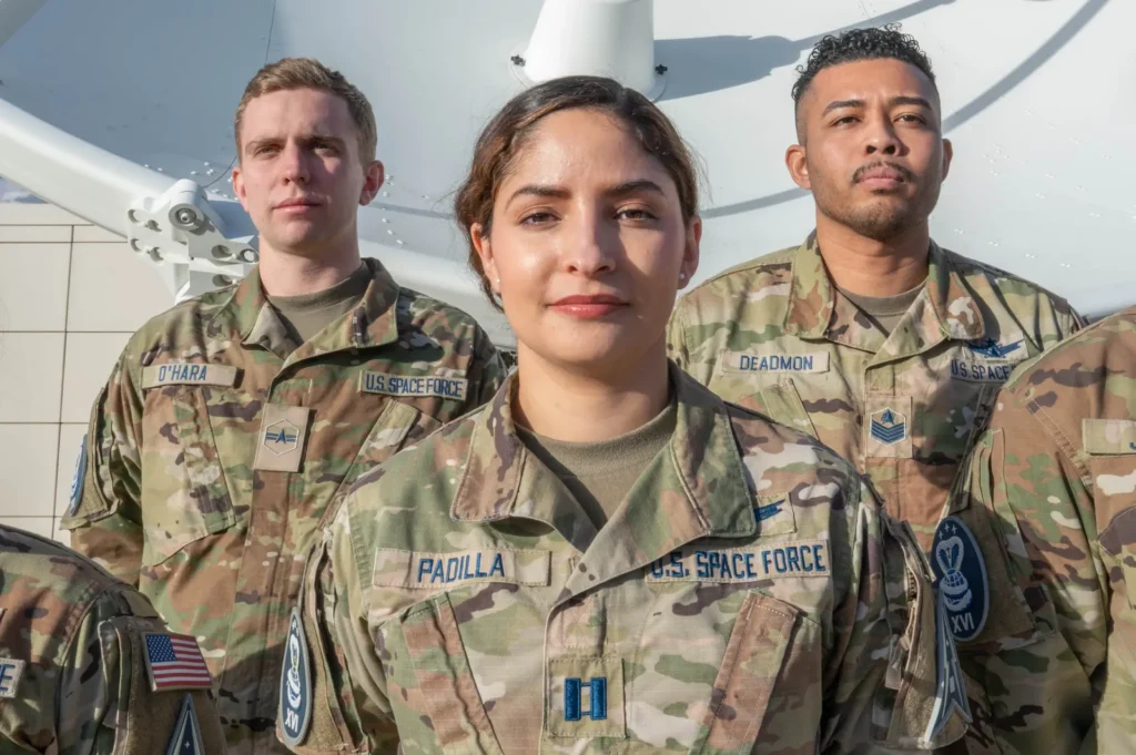 U.S. Space Force personnel standing together in uniform during mission operations support.